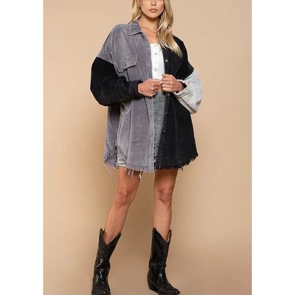 POL Corduroy Colorblock Black Gray Shacket Button Down Oversized Size Large - Picture 6 of 16